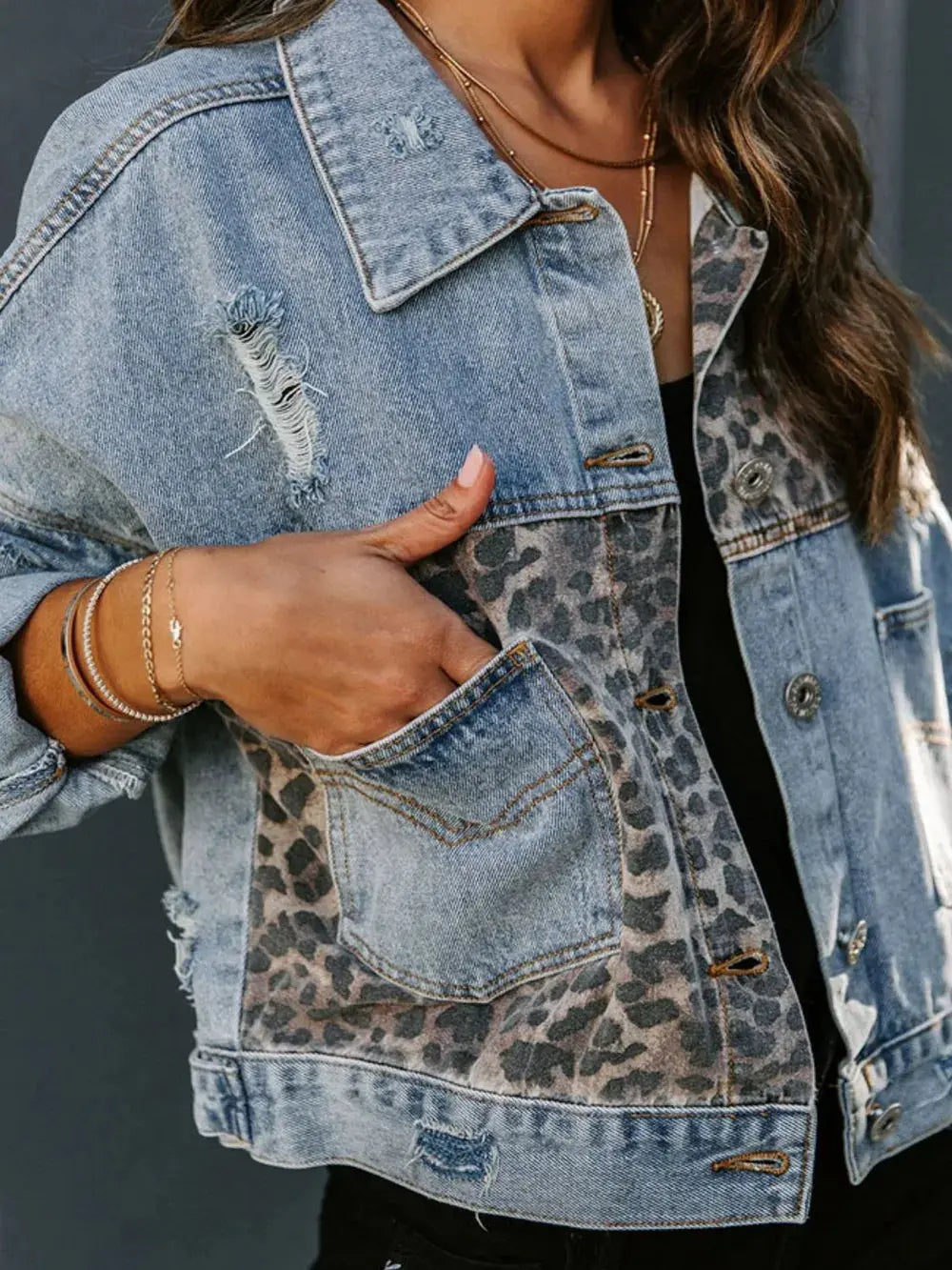 Leopard Drop Shoulder Denim Jacket