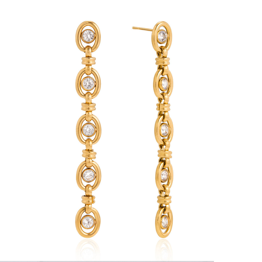 Modern gold-tone geometric zircon chain tassel earrings and matching bracelet set.