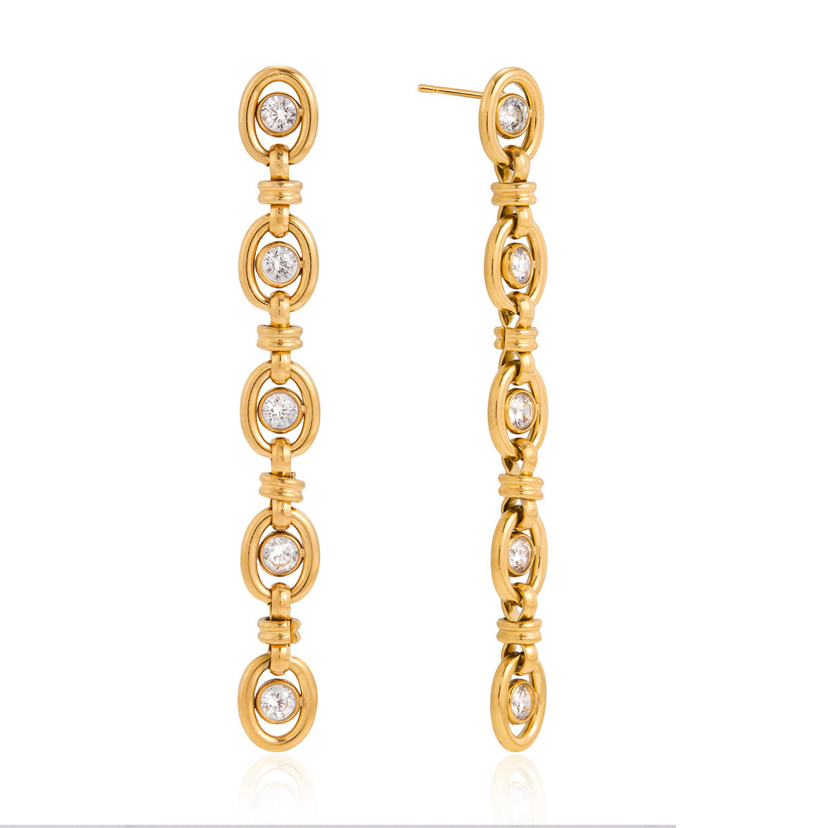 Modern gold-tone geometric zircon chain tassel earrings and matching bracelet set.
