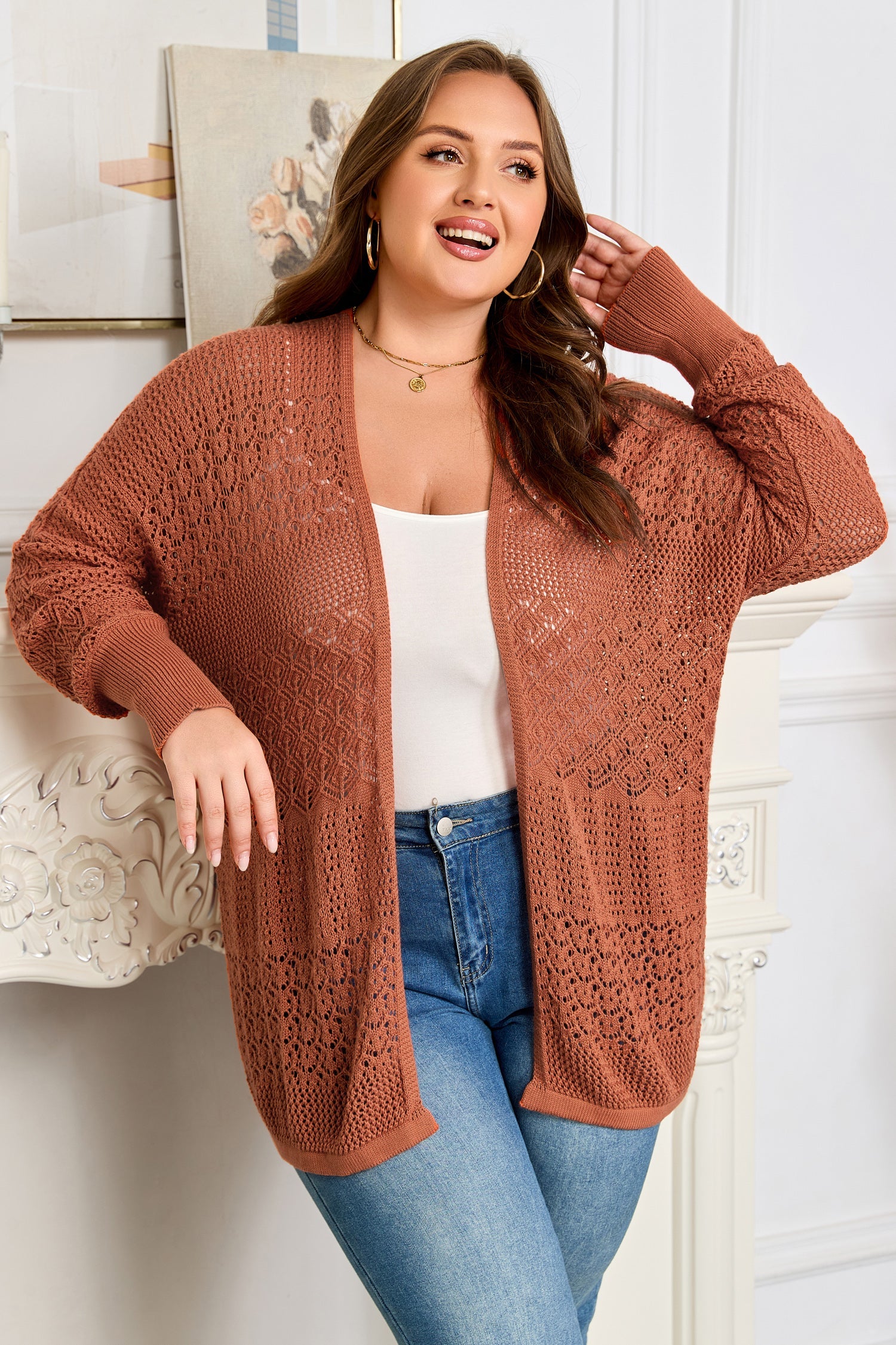 Plus Size Solid Pointelle Knit Open Front Cardigan