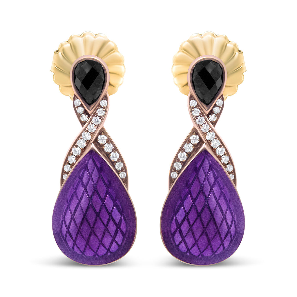 18K Rose Gold Flash Plated .925 Sterling Silver Purple Enamel 1/5 Cttw Round Pave-Set Diamond and 5.5 x 4mm Pear-Shaped Black Onyx Drop Earrings (F-G Color, VS1-VS2 Clarity)