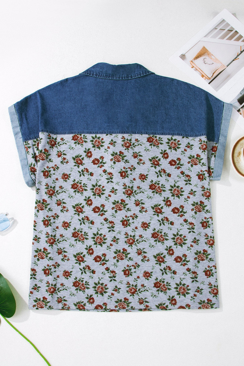 Karla Patchwork Polo Tee with Floral Print in Blue and Grey