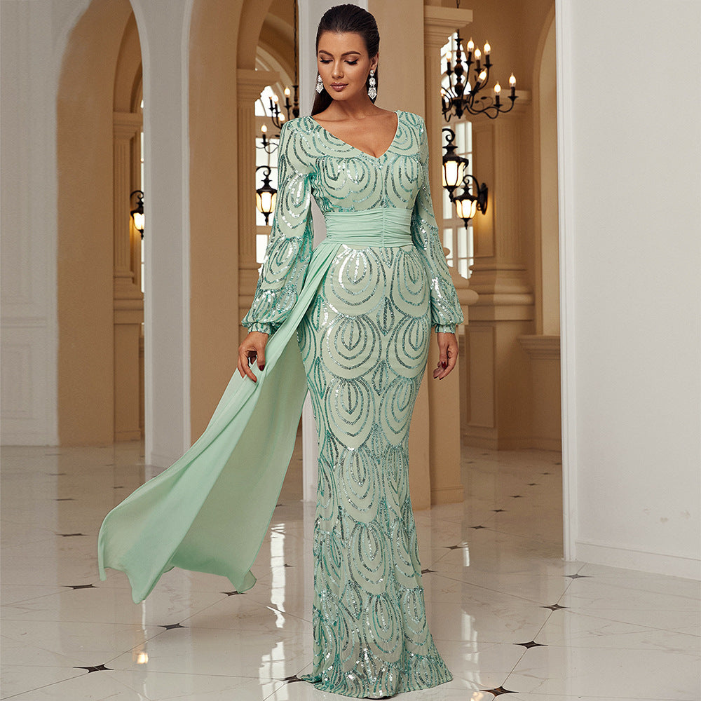 Sequined V-Neck Long Sleeve Evening Dress in Mint Green