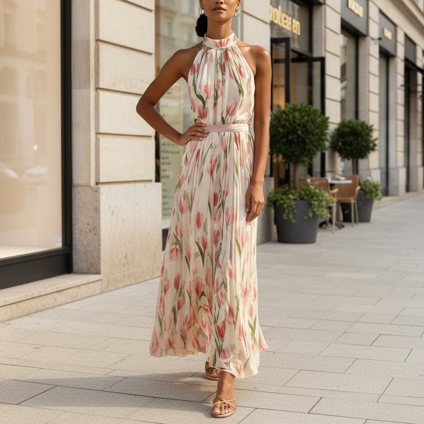 Floral Print Halterneck High-Waist Pleated Midi Dress