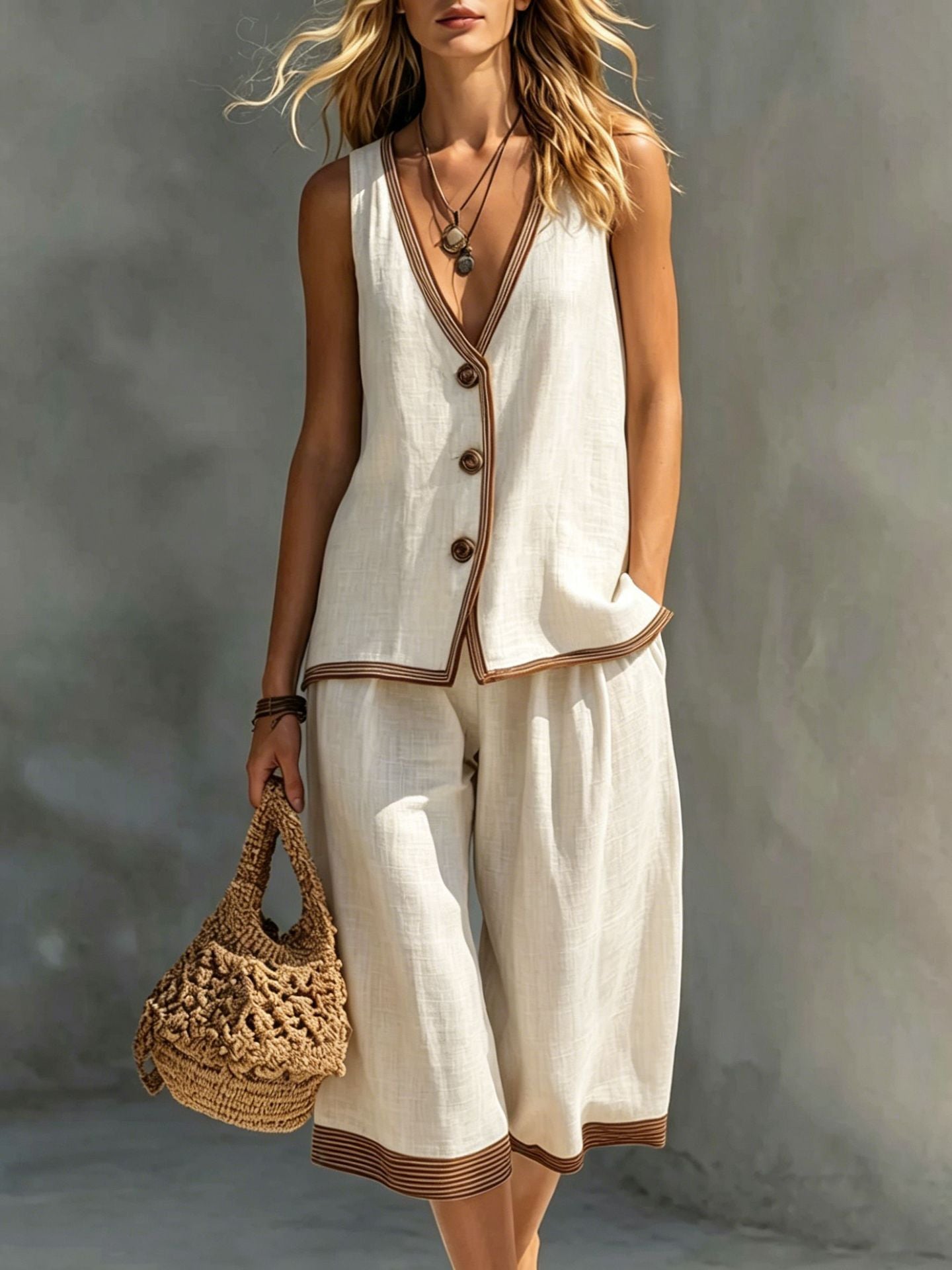 Women's Sleeveless Buttoned Vest and Shorts Two-Piece Linen Set