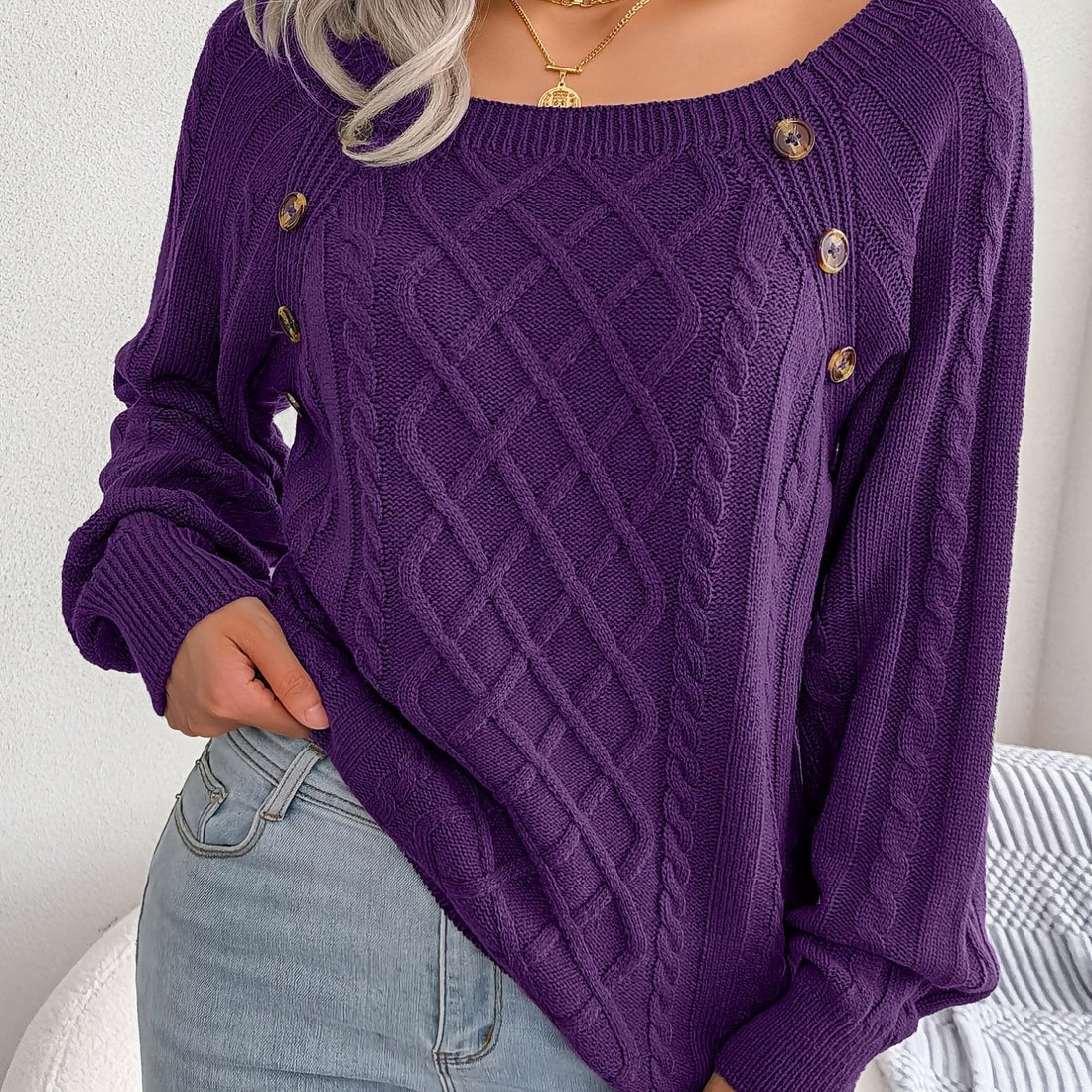 Women's Textured Cable Knit Sweater with Decorative Buttons - Image 11