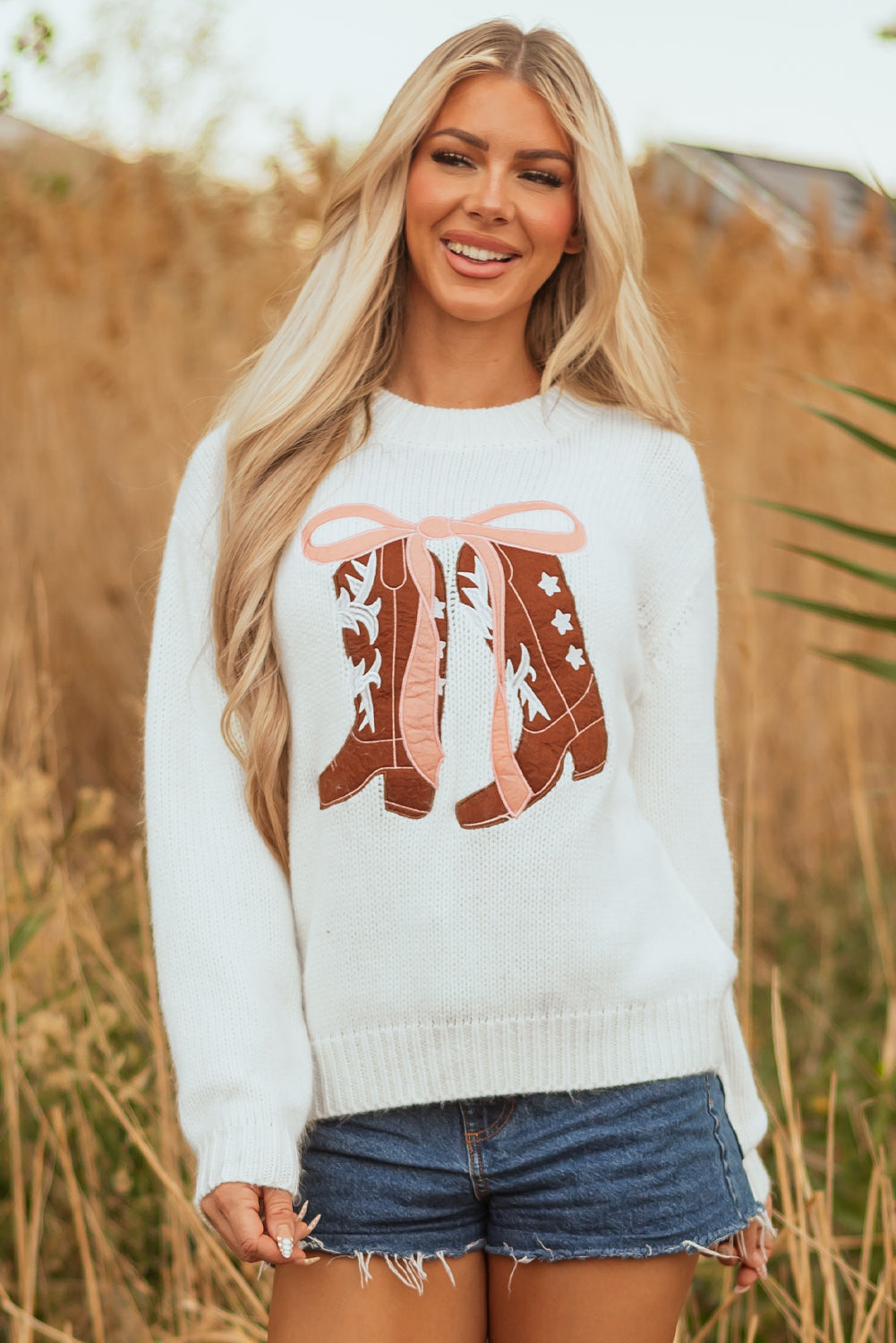 Women's Embroidered Bow Boots Knit Sweater, Relaxed Crew Neck Top
