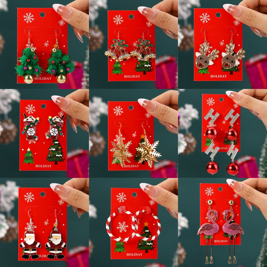 European And American Cross-Border Hot Selling New Christmas Pendant Earrings Cartoon Diamond Alloy Material Christmas Earrings Series Wholesale