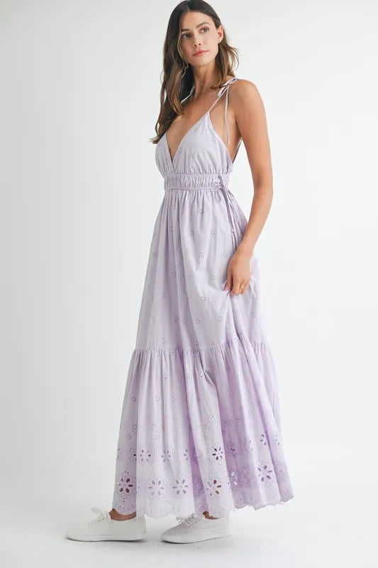 Light-Purple Eyelet Lace Maxi Dress with Modern Side Strap Detail