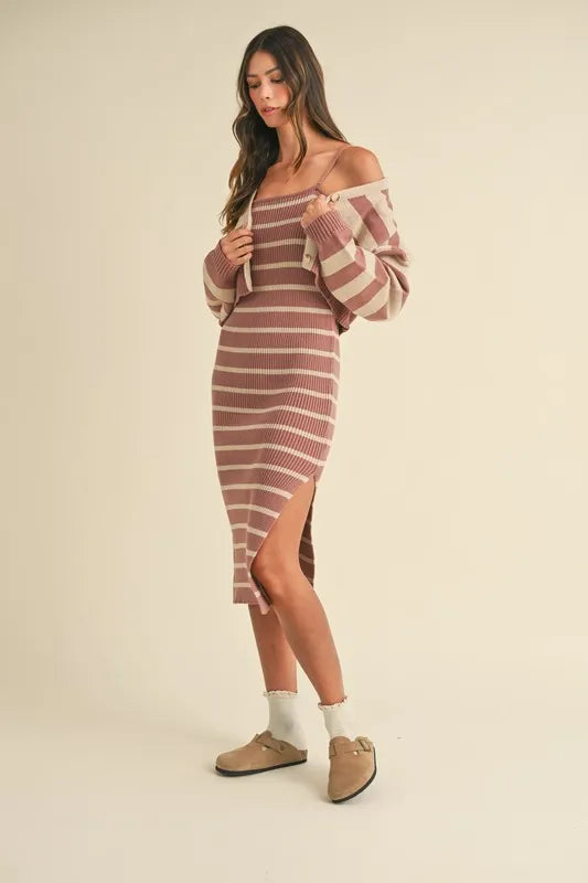 Stripe Knit Crop Cardigan and Bodycon Sweater Dress Set