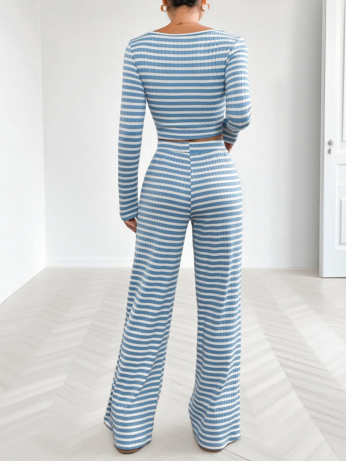 Striped Square Neck Long Sleeve Top and Pants Lounge Set