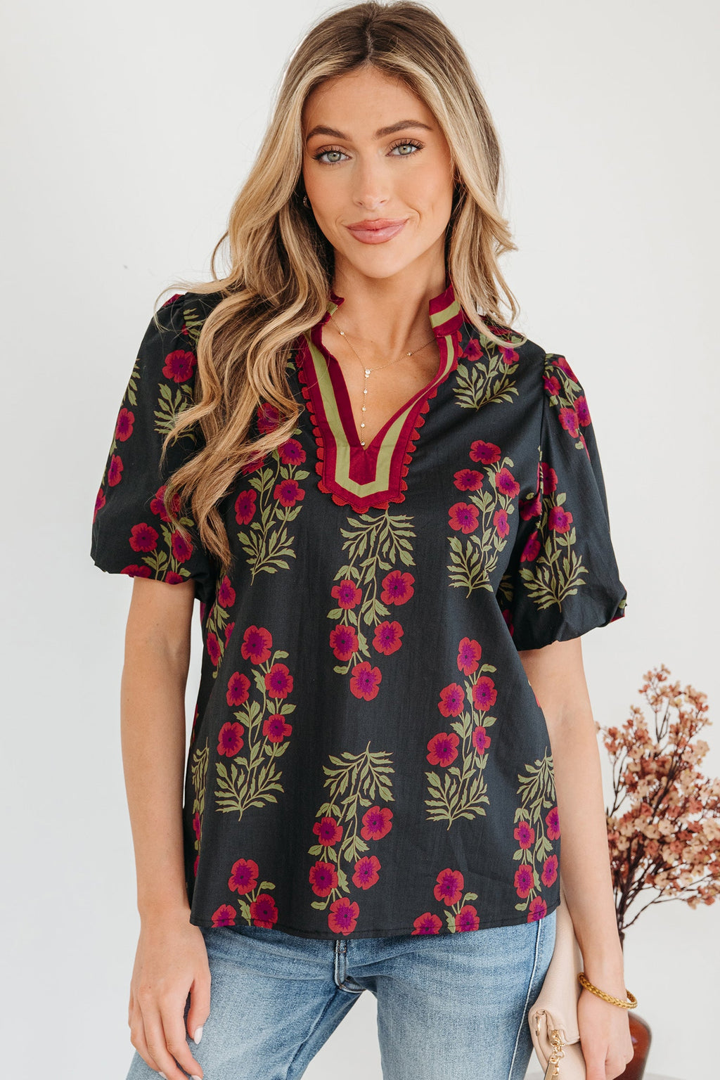 Zoe Floral Contrast Slit Neckline Blouse with Puff Sleeves
