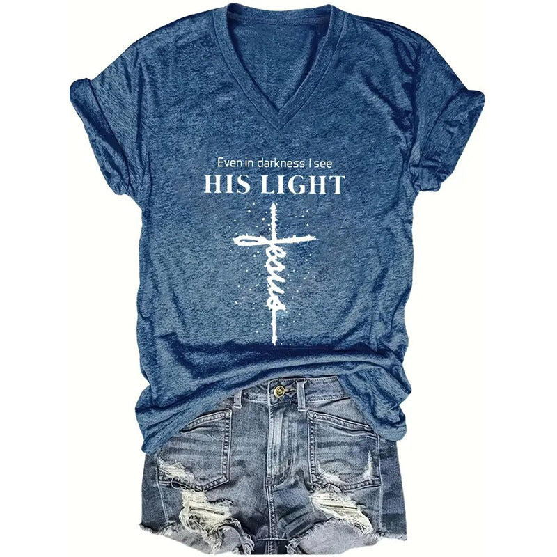 Women's Blue Geometric Cross V-Neck T-Shirt - Casual Summer Top