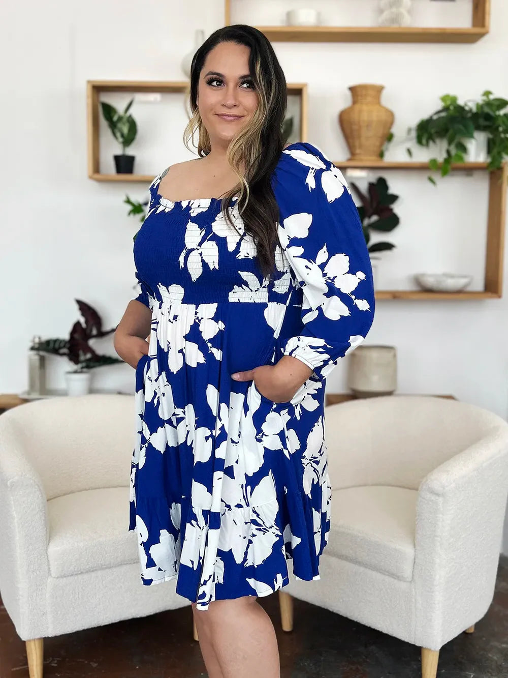 Floral Ruffle Hem Smocked Midi Dress with Pockets