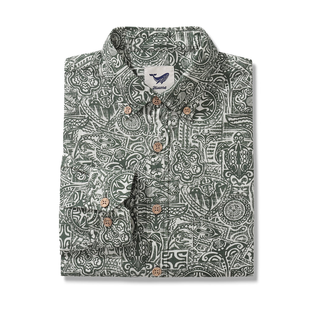 Men's Tropical Guardian Totem Long Sleeve Cotton Aloha Shirt