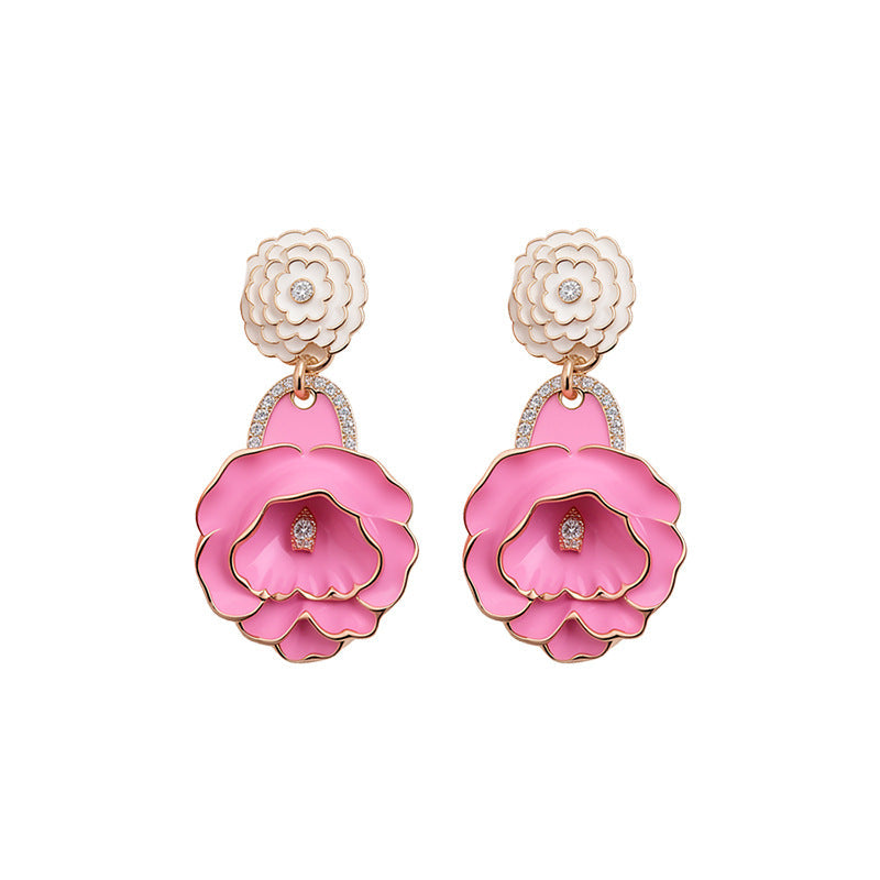Women Exaggerated Heavy Craft Rose Flower Dangle Earrings,Niche Design Light Luxury Elegant Versatile Fashion Statement Jewelry For Daily Party Occasion