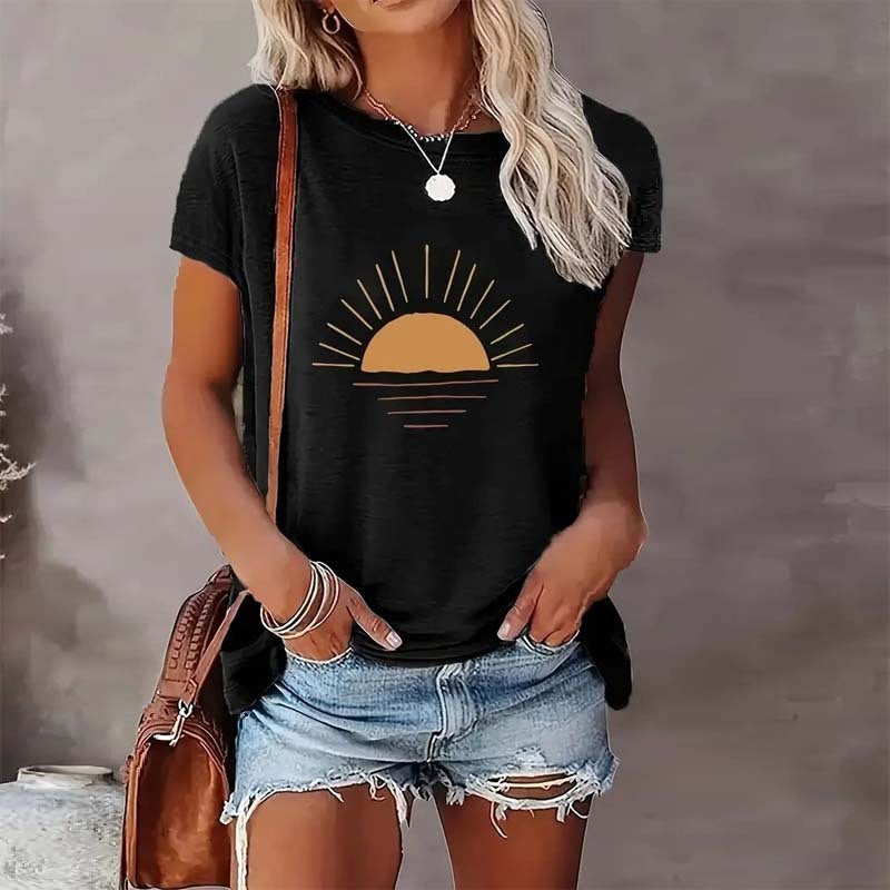 Women's Sunrise Print Round Neck Short Sleeve T-Shirt - Image 8