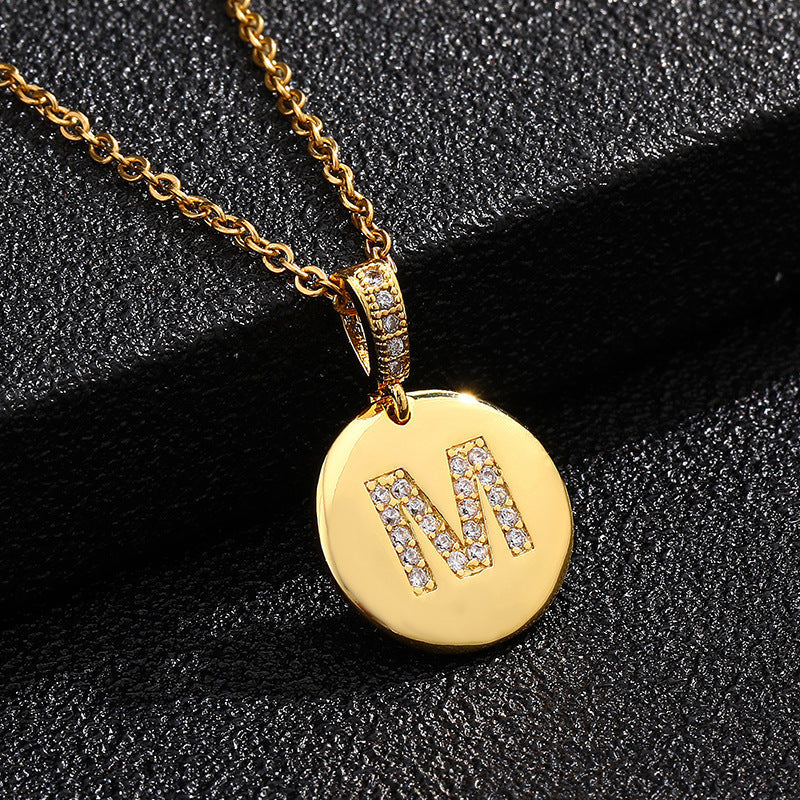 Gold Plated Zircon Initial Disc Necklace Personalized Pendant