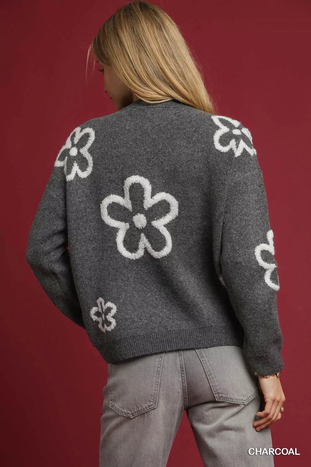 Umgee Round Neck Sweater with Floral Accents