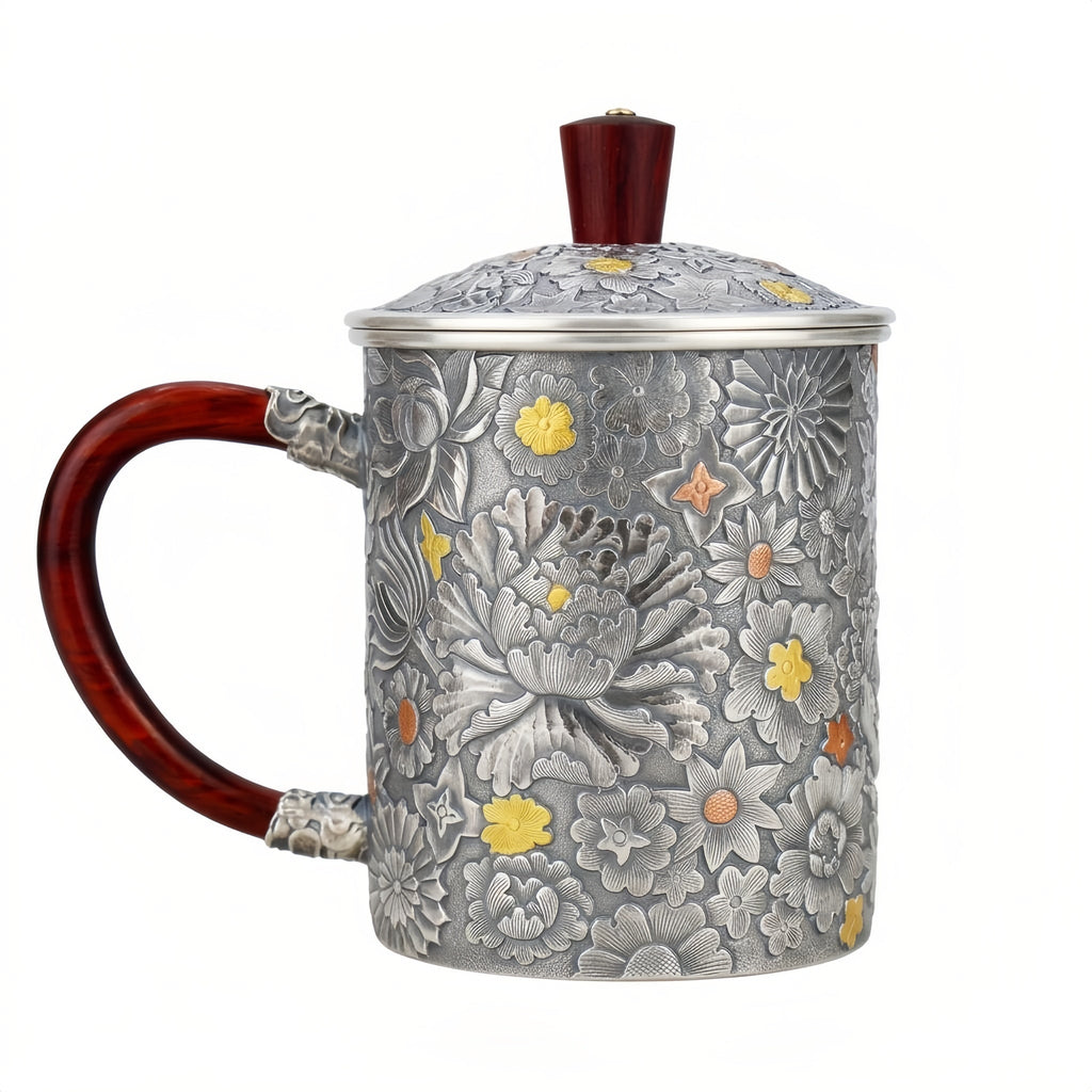 Pure 999 Fine Silver Handcrafted Floral Embossed Silver Tea Mug with Elegant Wood Accents - Handicraft