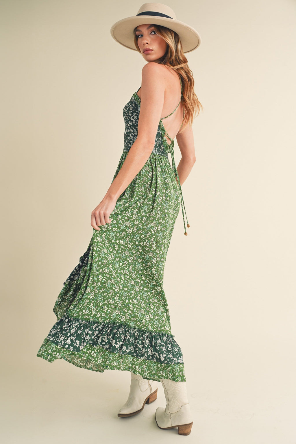 Ditsy Floral Ruffled Hem Maxi Cami Dress in Green & White