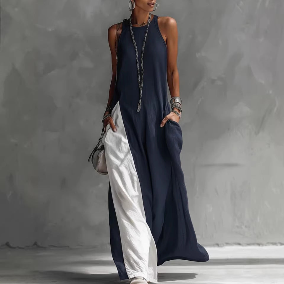 Women's Sleeveless Contrast Color Maxi Dress with Side Pockets - Image 2