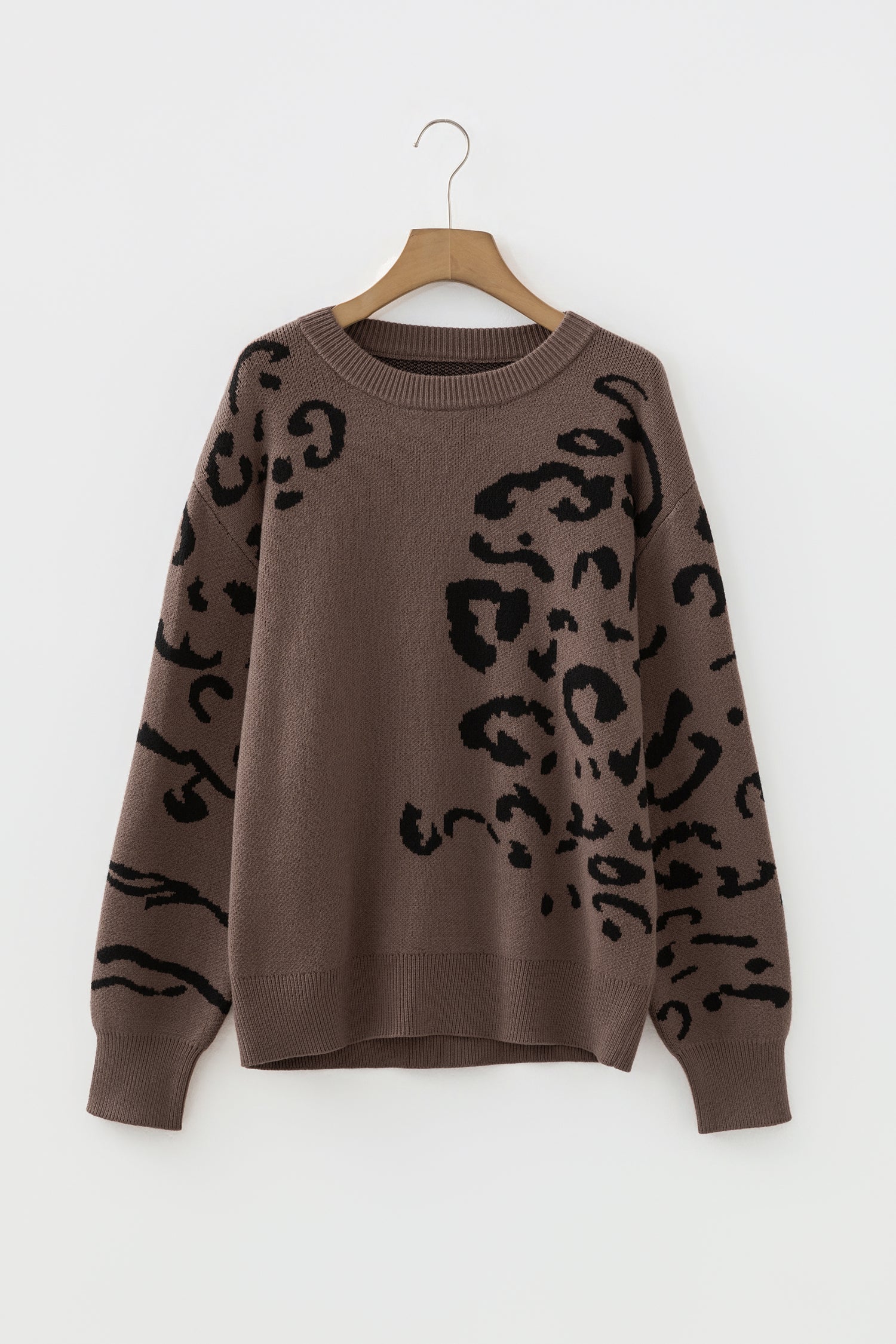 Camel Asymmetric Leopard Print Drop Shoulder Sweater
