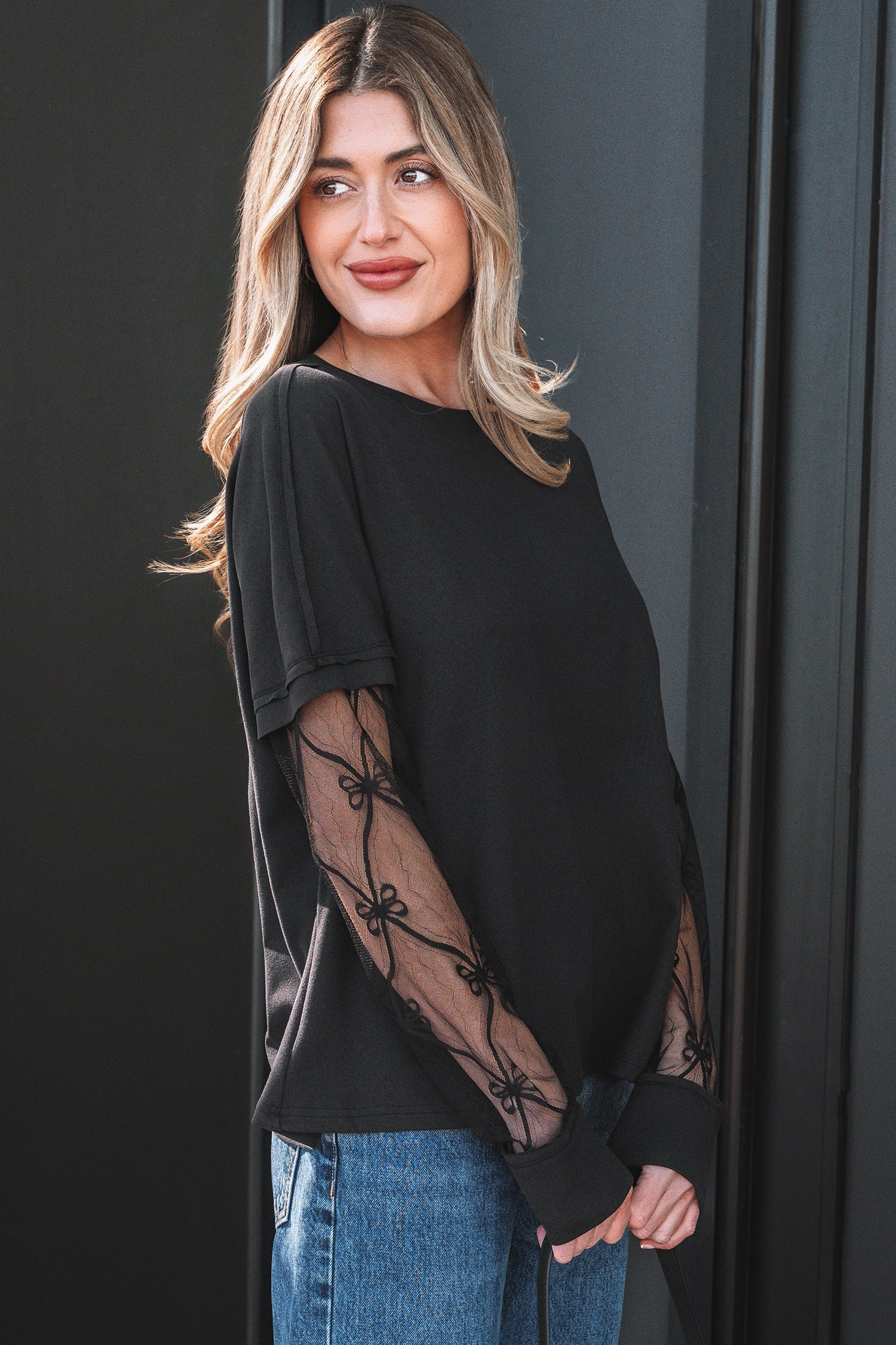 Women's Long Sleeve Tee with Sheer Patchwork & Bow Details