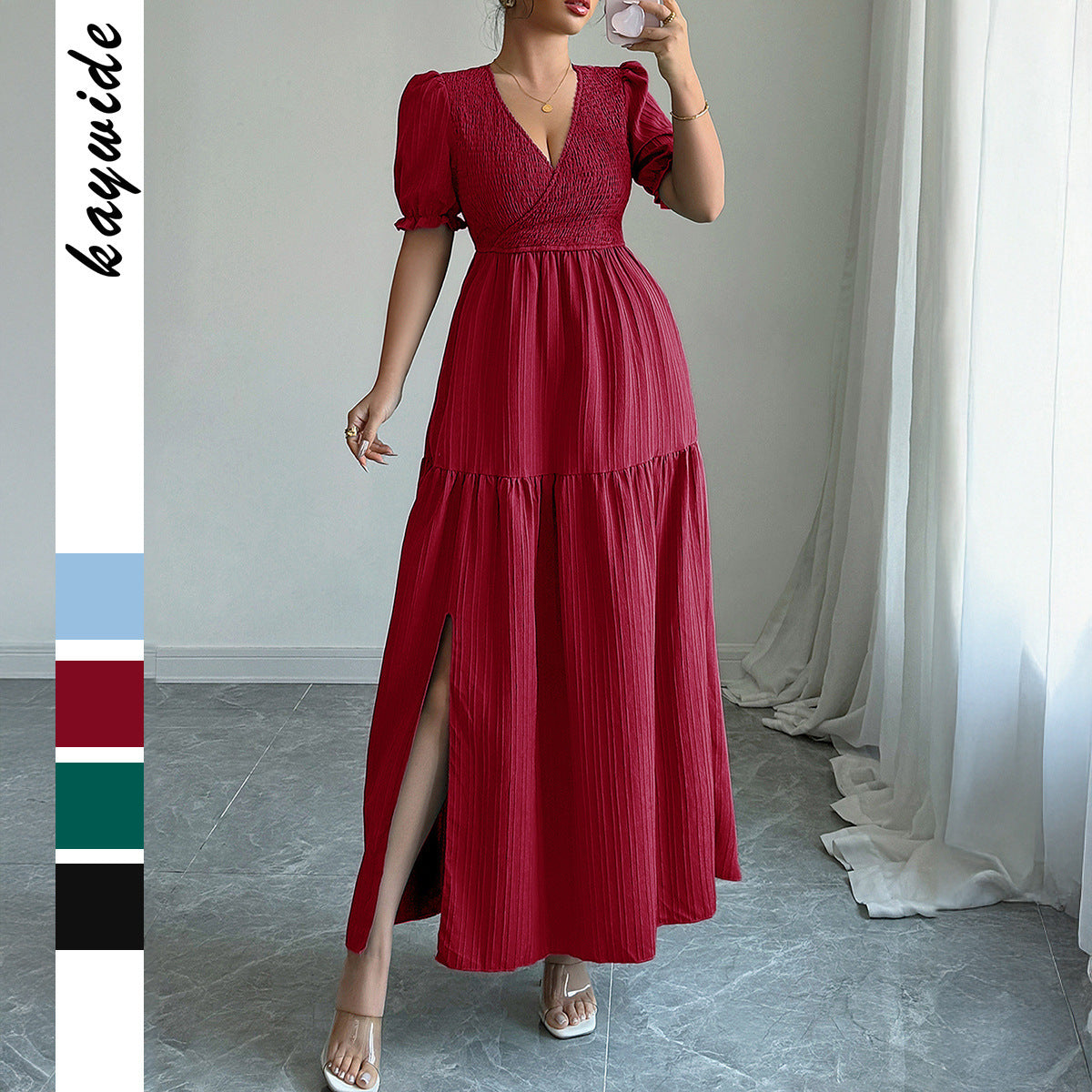 Deep V-Neck High Waist A-Line Dress