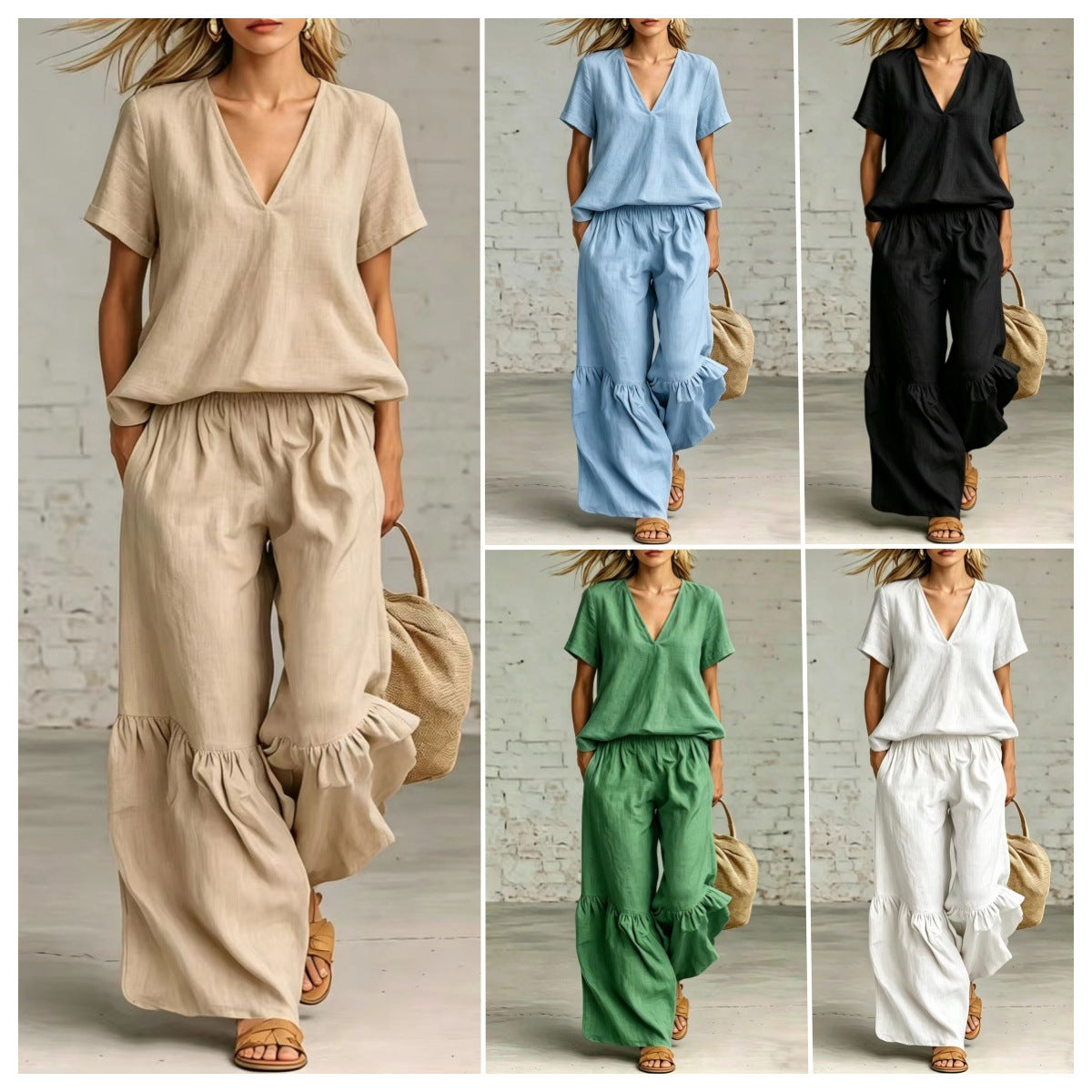 A woman wearing a beige two-piece set consisting of a V-neck top and wide-leg pants with a ruffled hem detail.