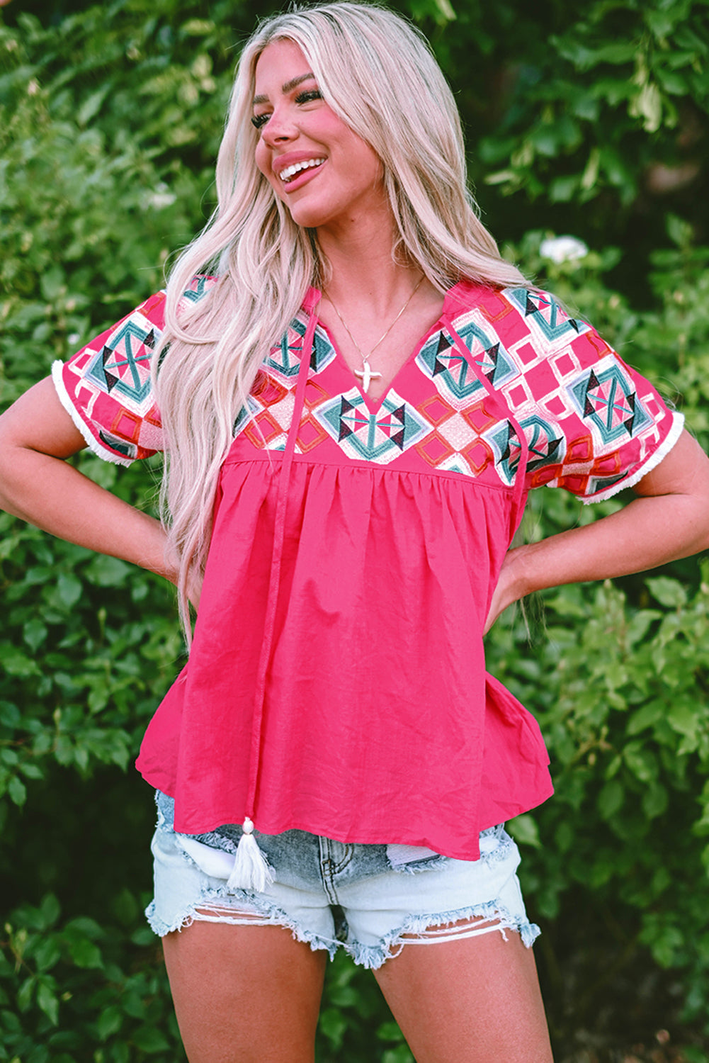 Zayla Embroidered V-Neck Blouse with Tassel Tie Detail