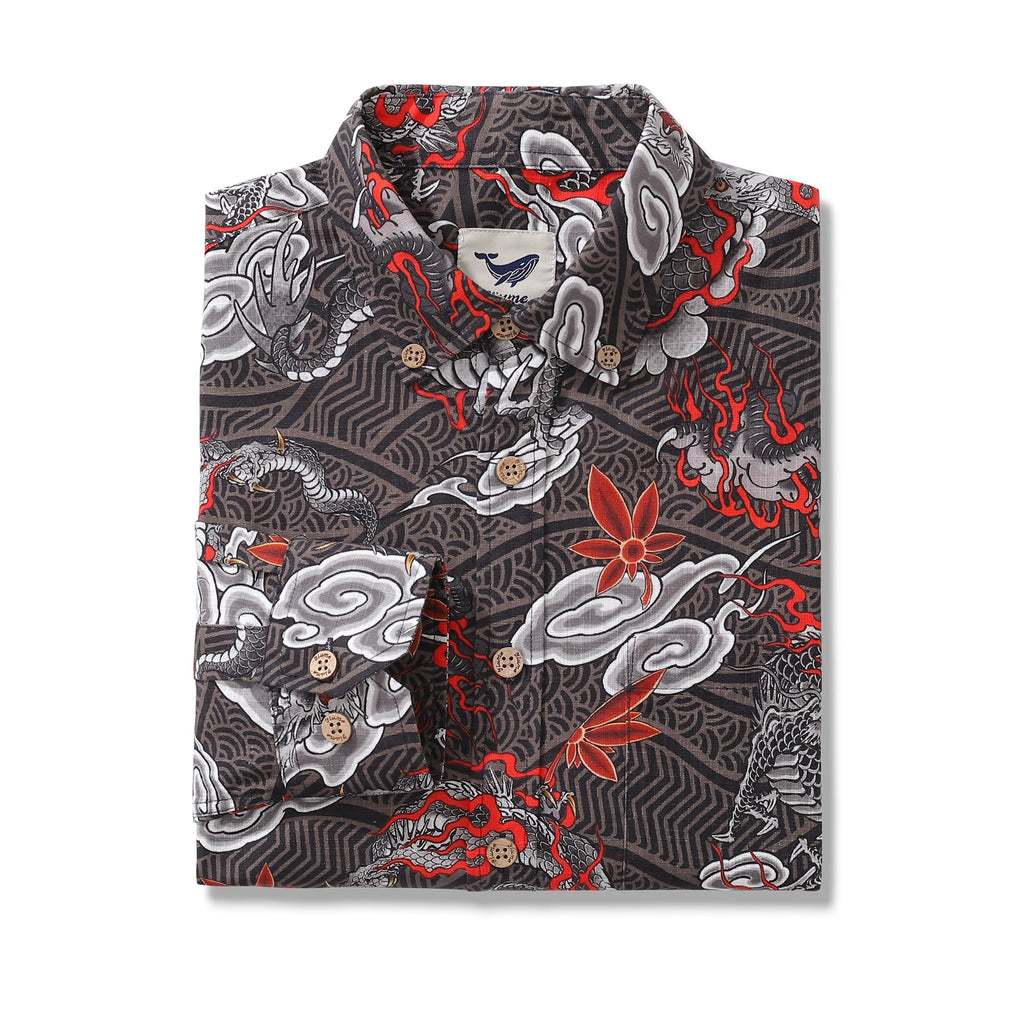 Men's Dragon Flight Print Long Sleeve Cotton Aloha Shirt