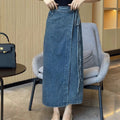 Women's Blue Denim Mid-Length Waist Slit Skirt