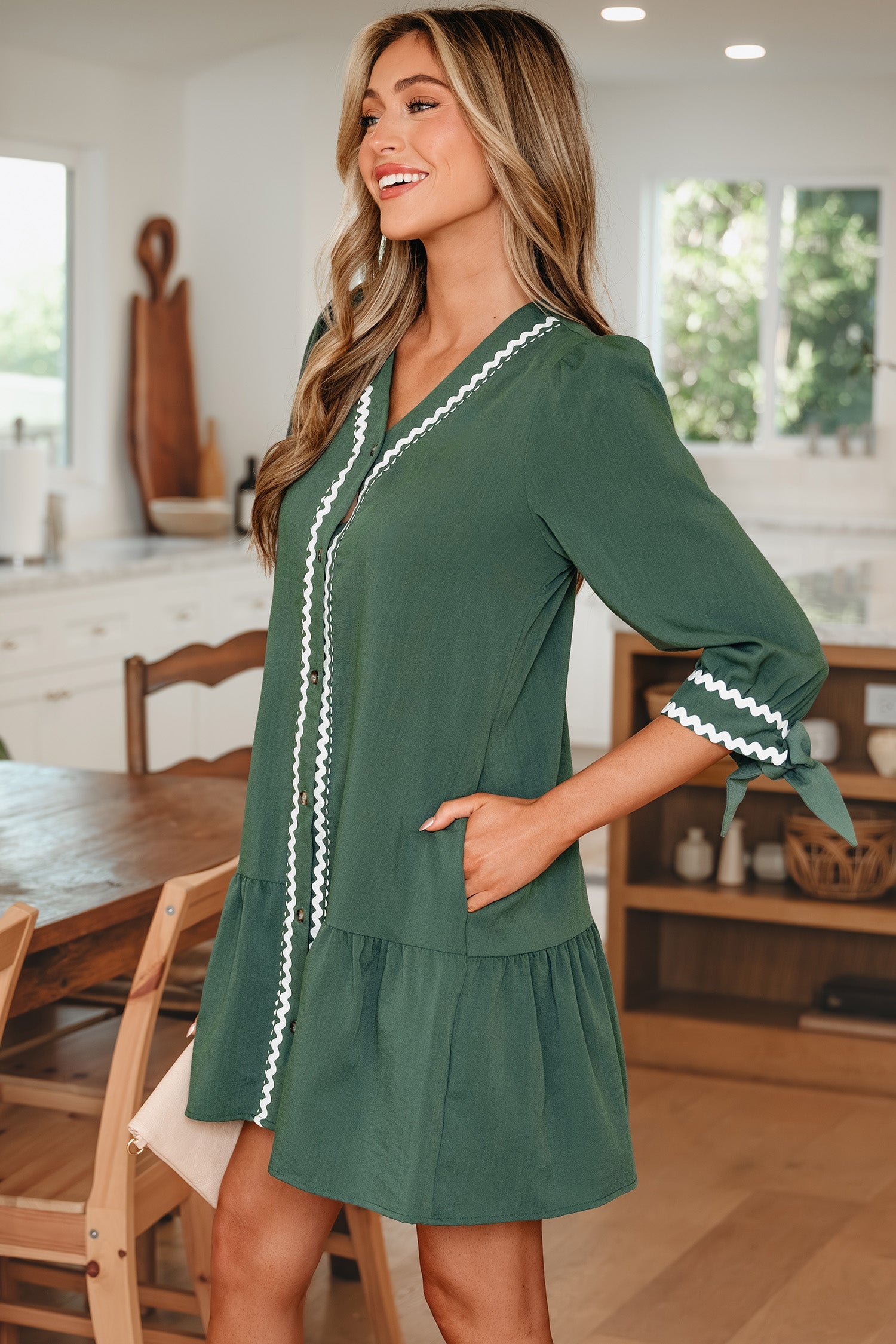 Xyla Bracelet Sleeve Shift Dress with Ricrac Trim and V-Neck