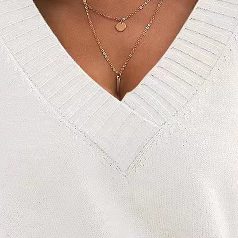 Women's V-Neck Drop Shoulder Sweater Casual Long Sleeve Pullover