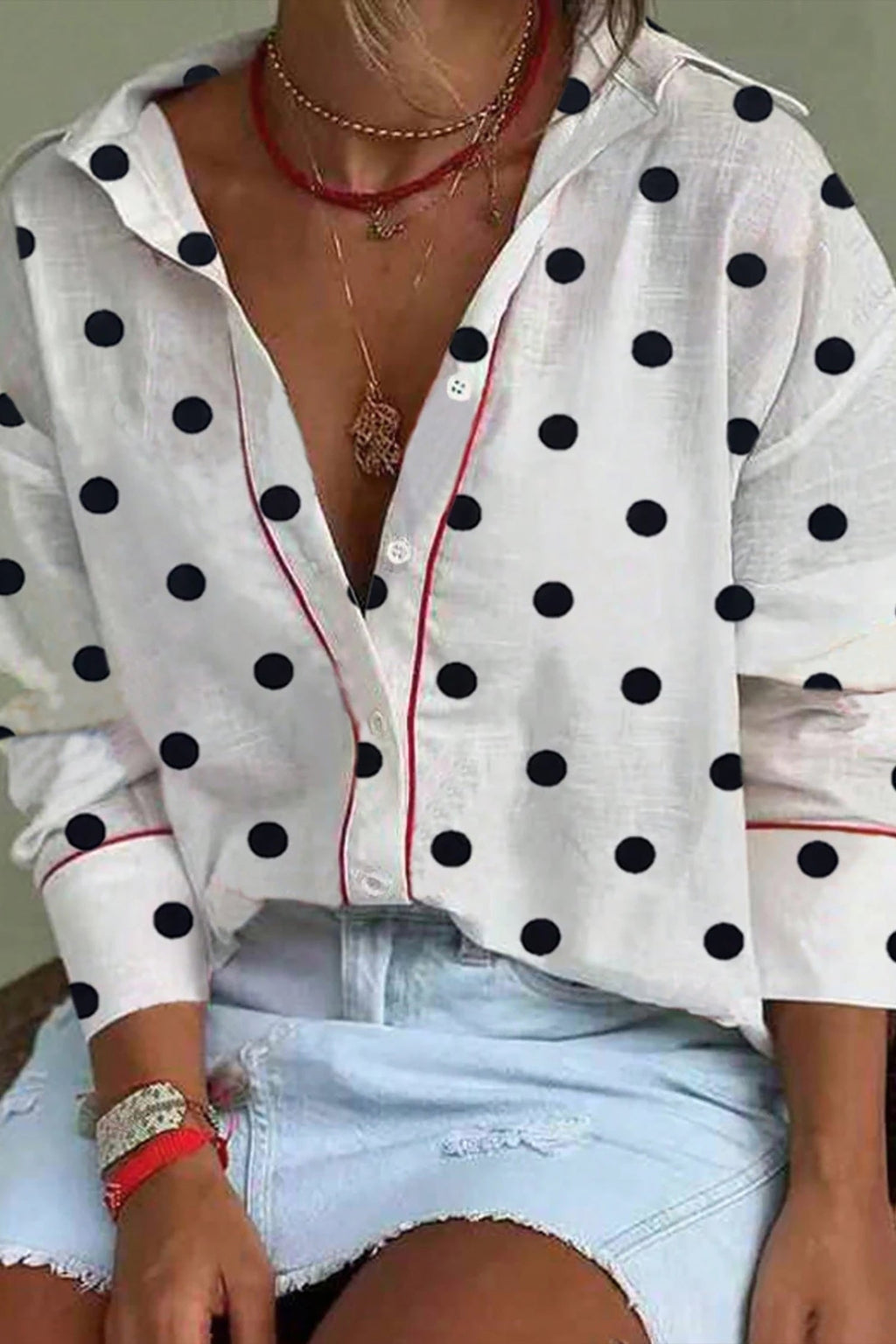 White Polka Dot Contrast Piping Elegant Shirt