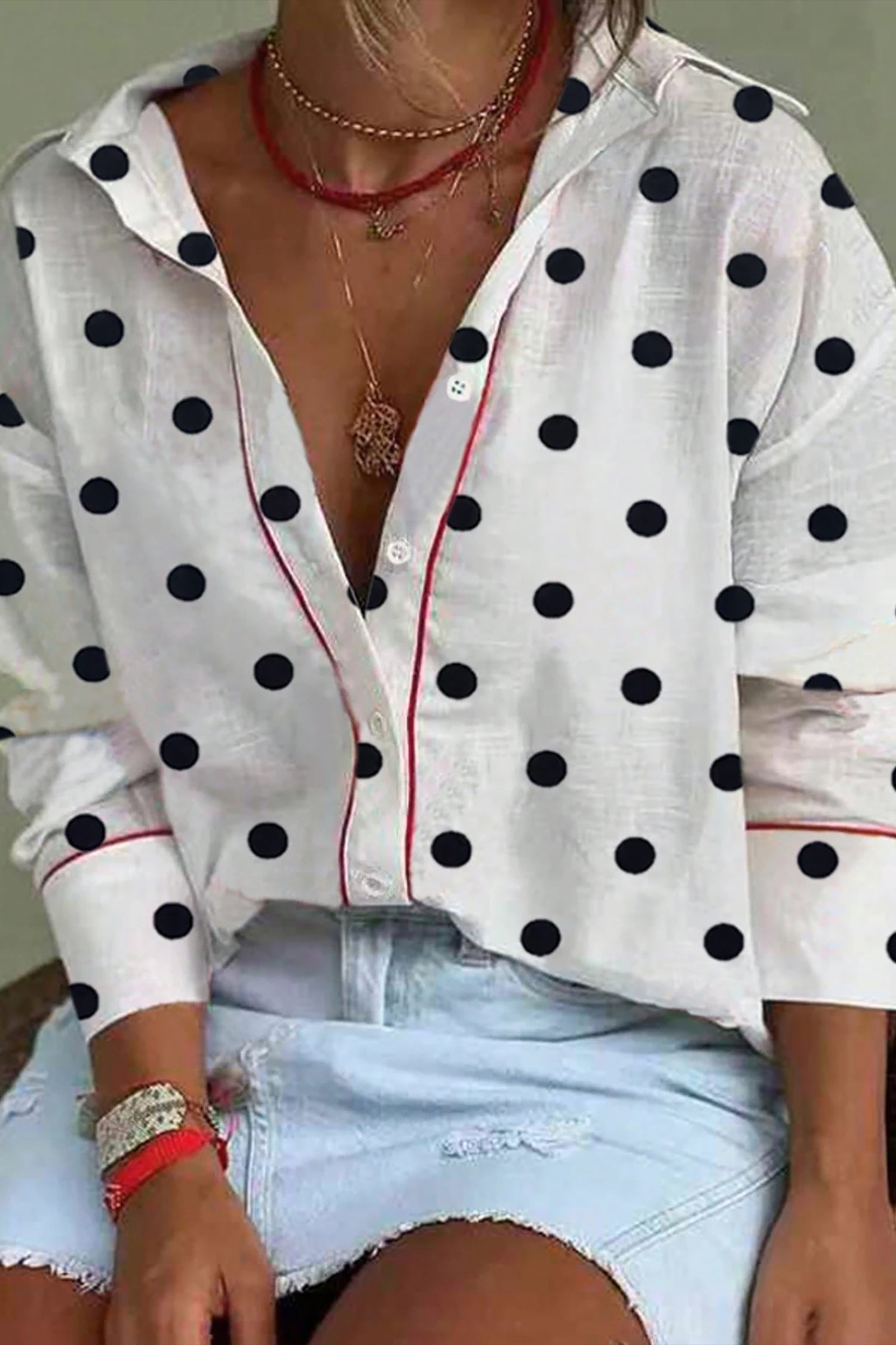White Polka Dot Contrast Piping Elegant Shirt