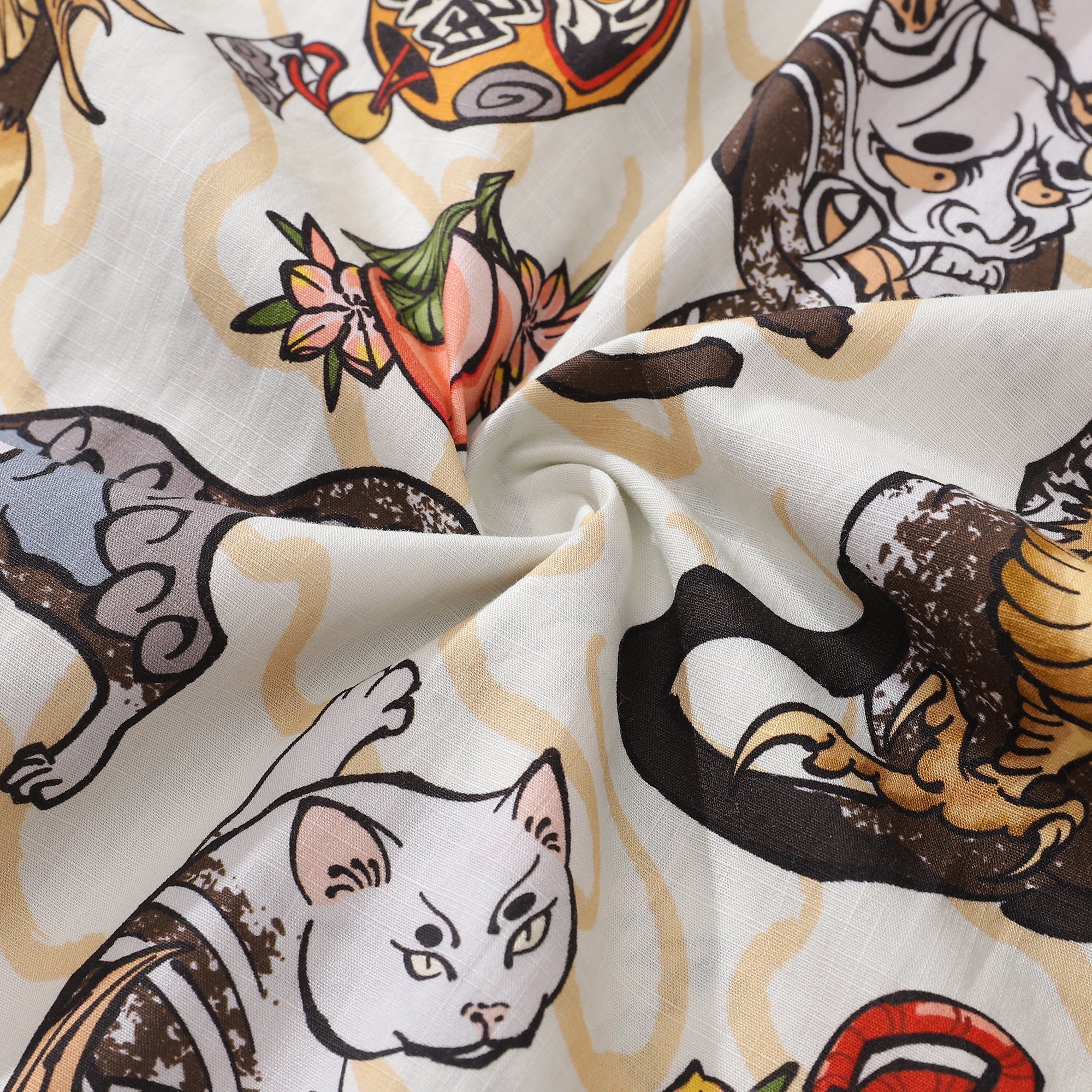 Men's Ukiyo-e Cat Print Cotton Hawaiian Camp Collar Short Sleeve