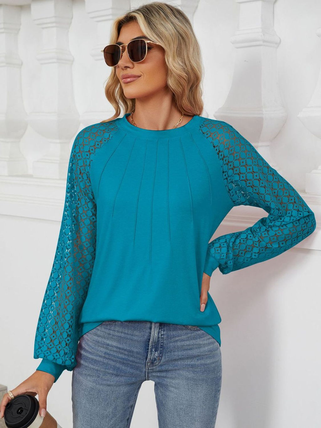 Women's White Round Neck Long Sleeve Lace Detail Casual Top - Image 11
