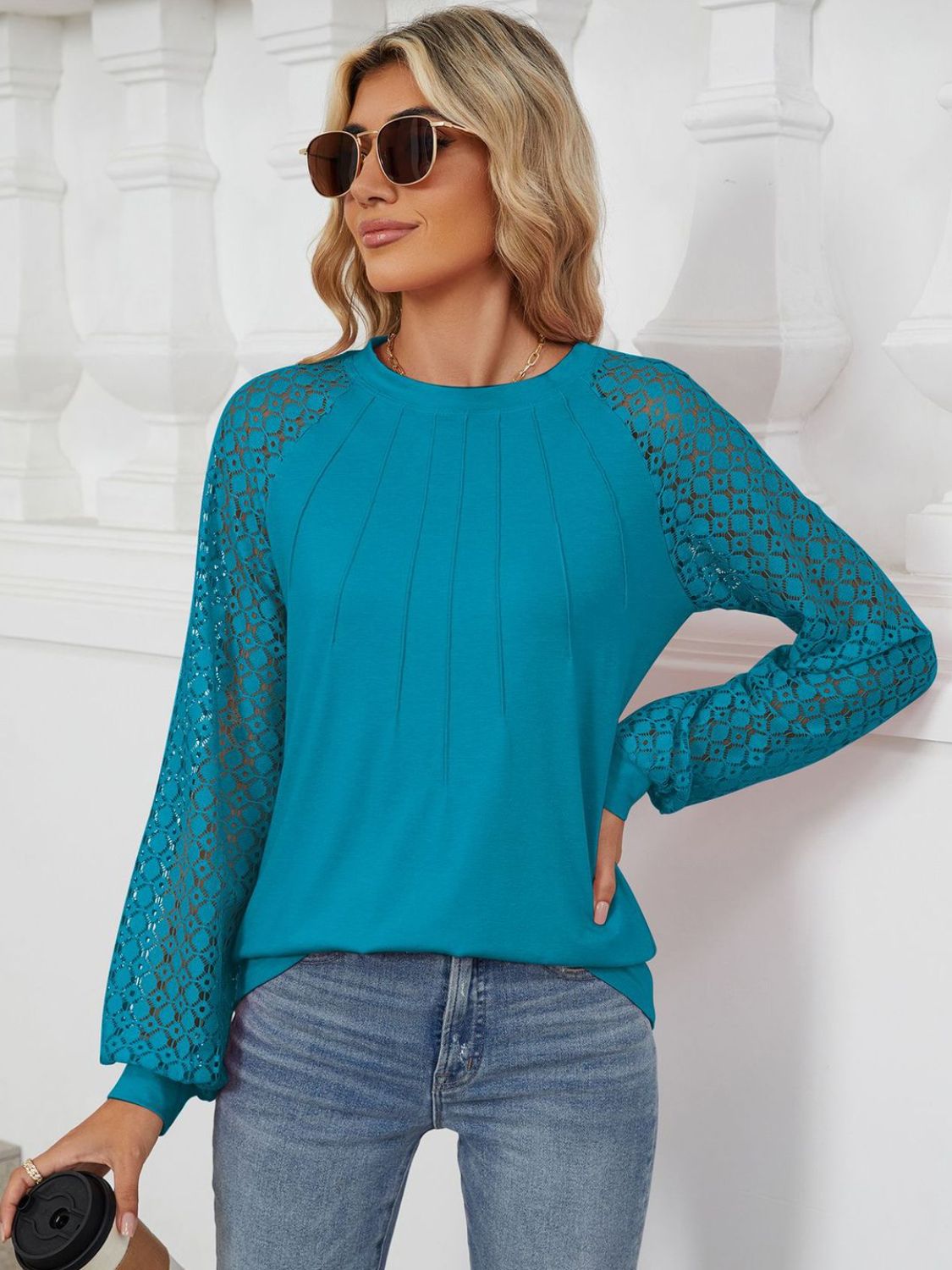 Women's White Round Neck Long Sleeve Lace Detail Casual Top - Image 11
