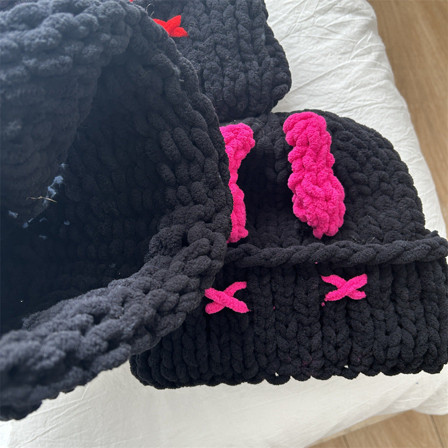 Cute Devil Horn Hood Knit Hat with Mask – Thickened Warm Acrylic Beanie | Sweet Cool INS Style | 4 Colors: Pink, Rose Red, Blue & Red