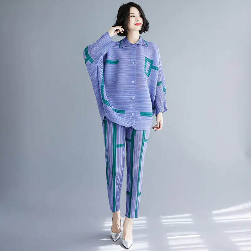 Women's Geometric Pleated Cardigan Set for Fall/Winter
