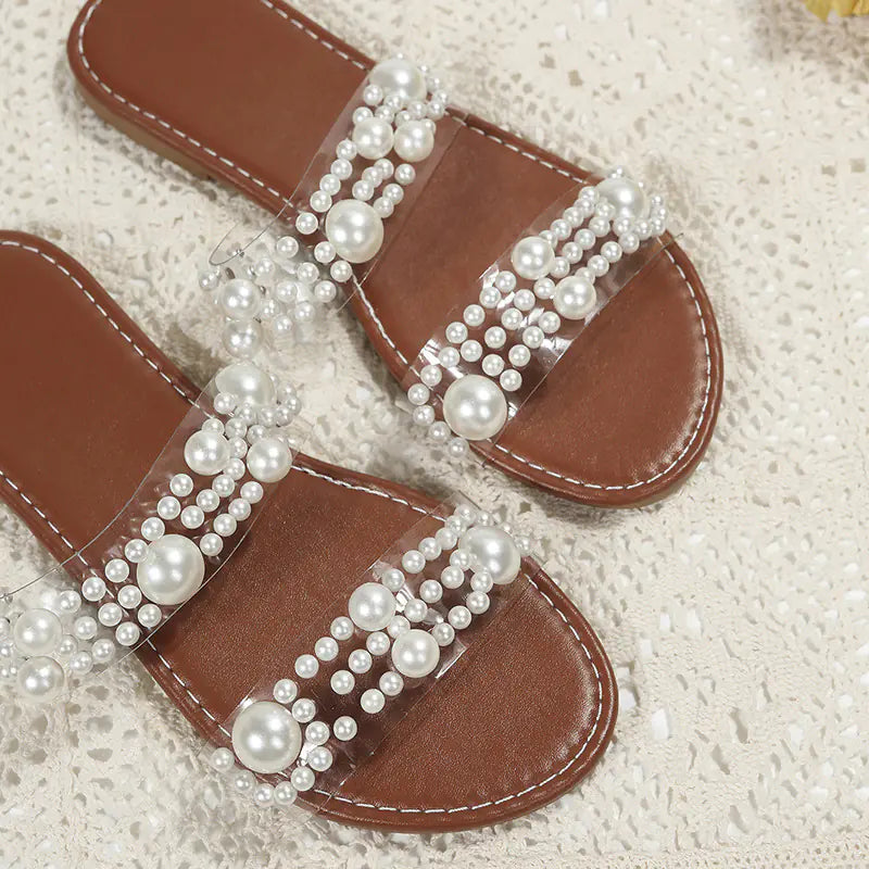 Women's Black Flat Sandals with Elegant Pearl Decor Summer Beach - Image 3