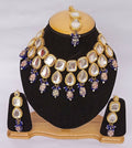 Blue Kundan work necklace set with gold plating and adjustable cord