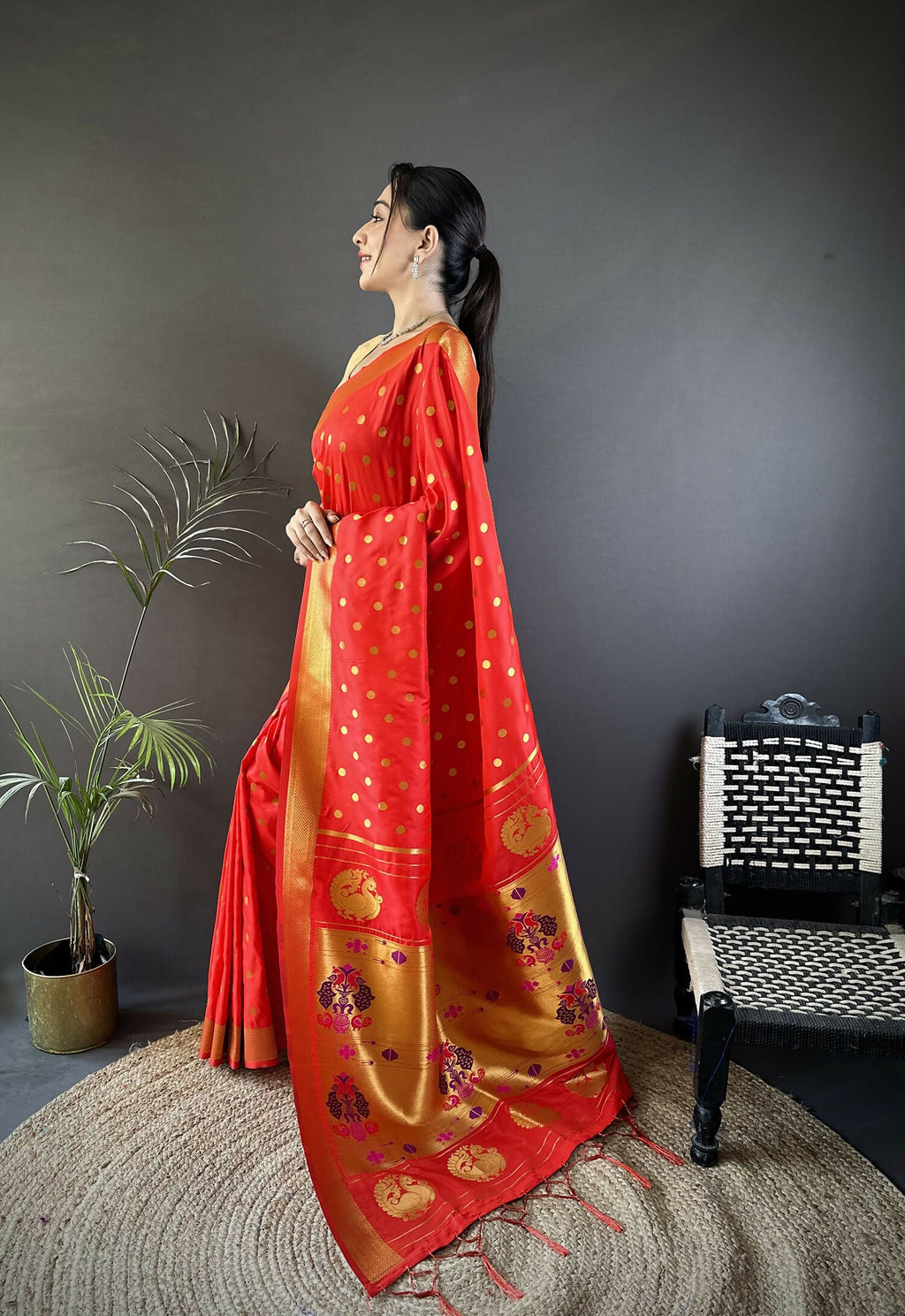 Red Polka Dot Lichi Silk Paithani Saree with Matching Blouse