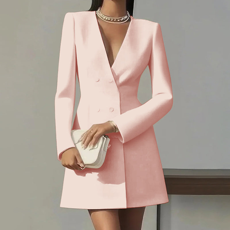 Deep V-Neck Double-Breasted Blazer Dress A-Line Mini - Image 10
