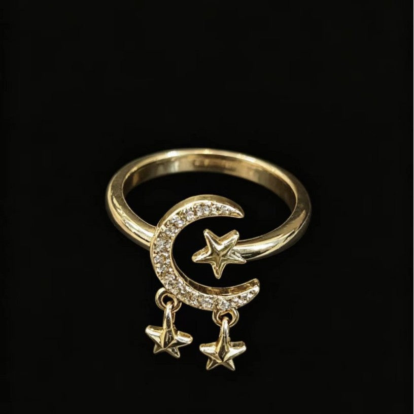 Adjustable Gold Star and Moon Open Ring for Women - Light Luxury