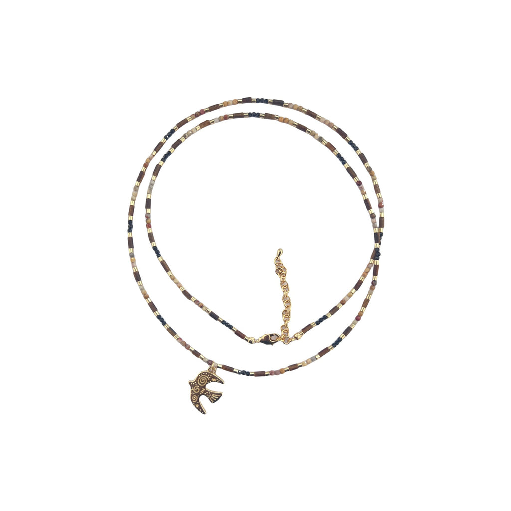 Tiger's Eye Bird Pendant Necklace Handmade Bohemian Brass Jewelry