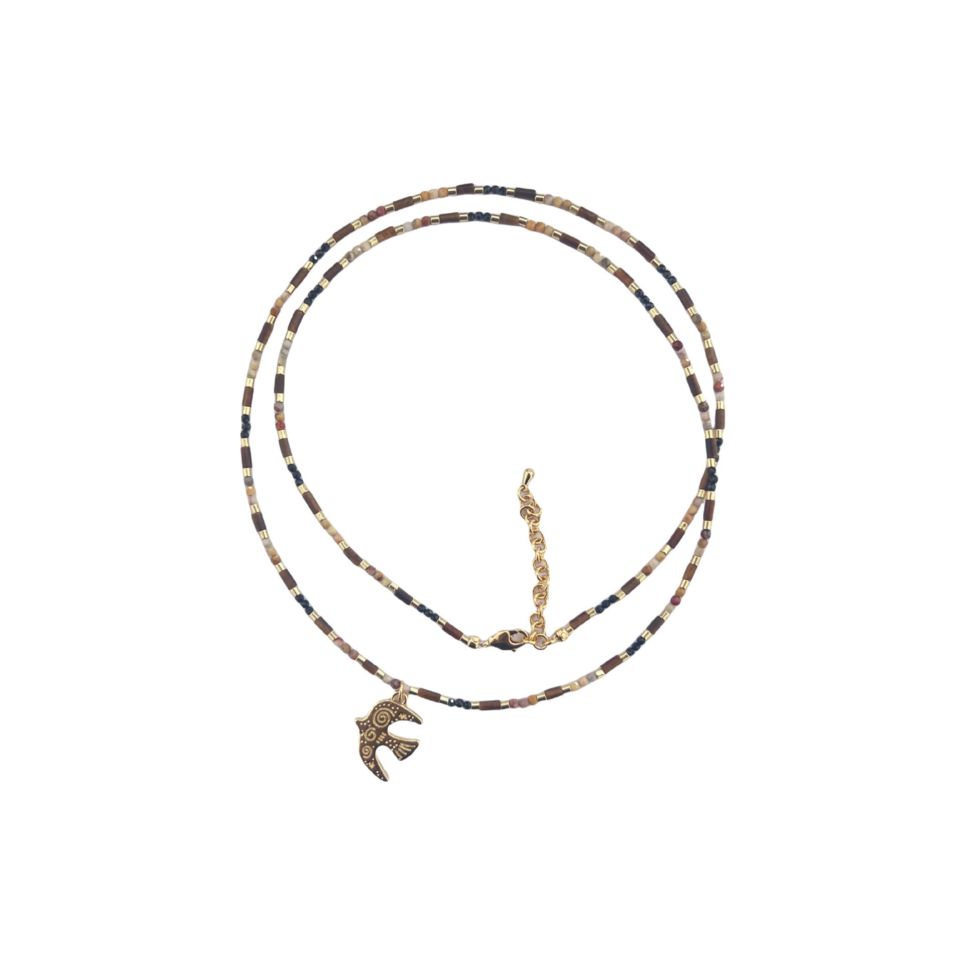 Tiger's Eye Bird Pendant Necklace Handmade Bohemian Brass Jewelry