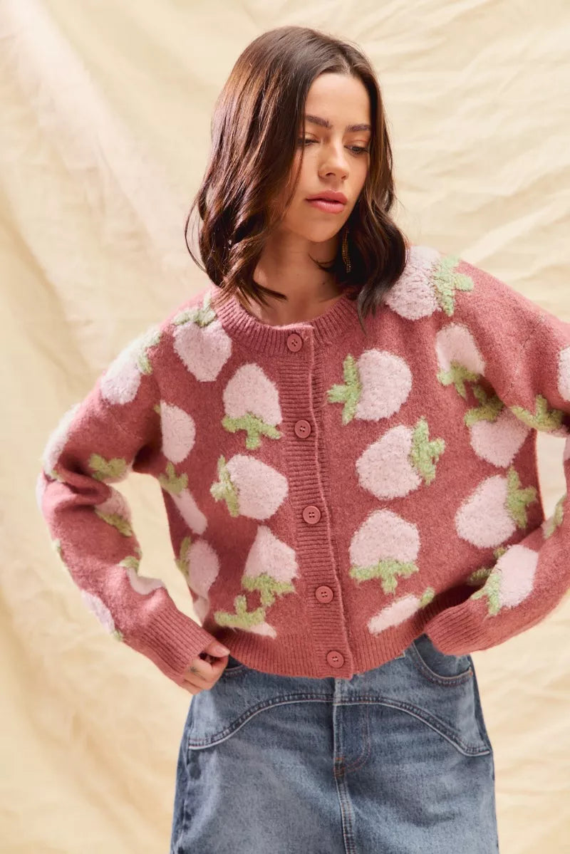 Strawberry All-Over Button Cardigan in Marsala